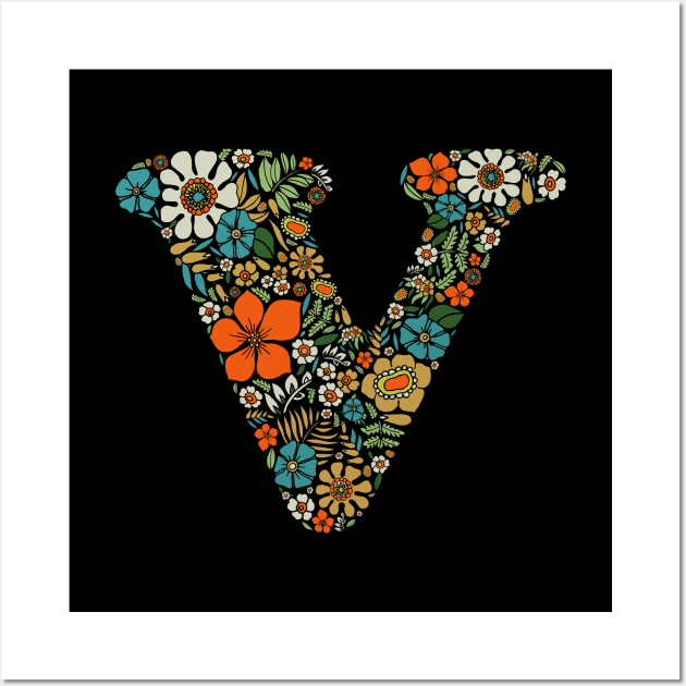 Hippie Floral Letter V Wall Art by zeljkica